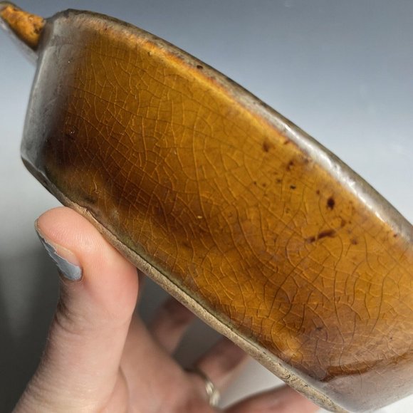 Antique Pottery Yellow Ware Glazed Handled Pie Plate Pan Primitive Glazed Rustic - Picture 11 of 16